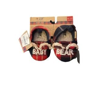 DF By Dearfoams Memory Foam Red Plaid Baby Bear Baby Slippers Size 9-12 Months